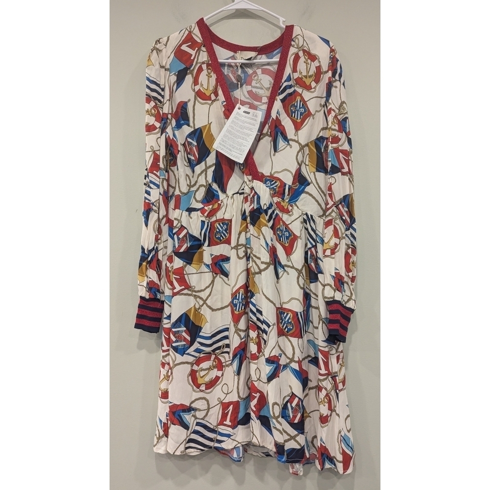 NWT DIXIE Nautical Sailing Print Viscose Long Sleeve Dress Size Medium